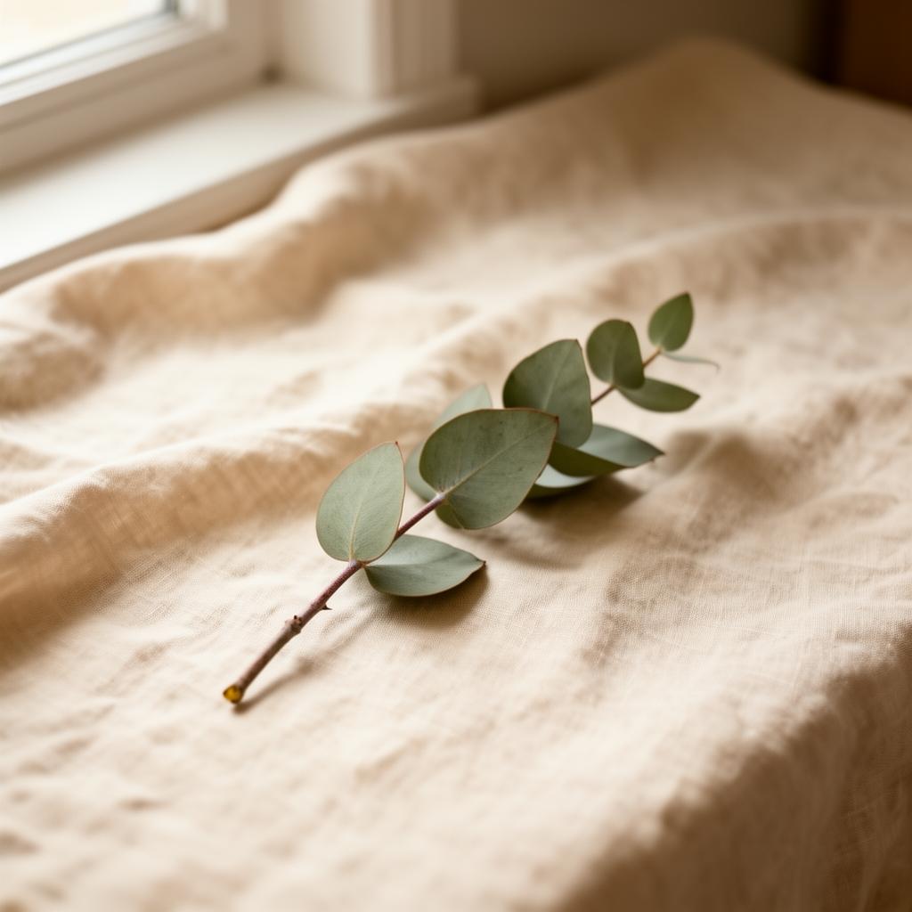 A single eucalyptus sprig resting on soft cream linen by a sunlit window