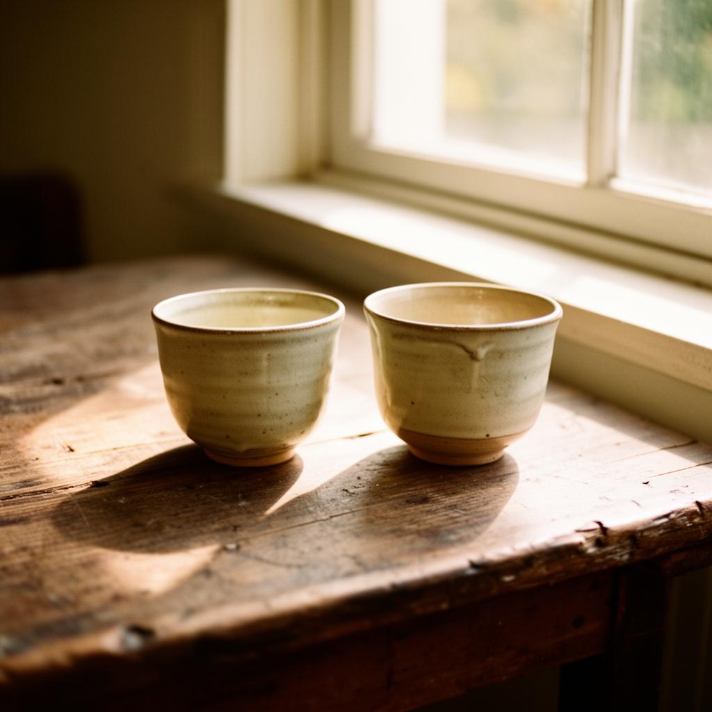 Two handmade ceramic cups on a wooden table beside a sunlit window