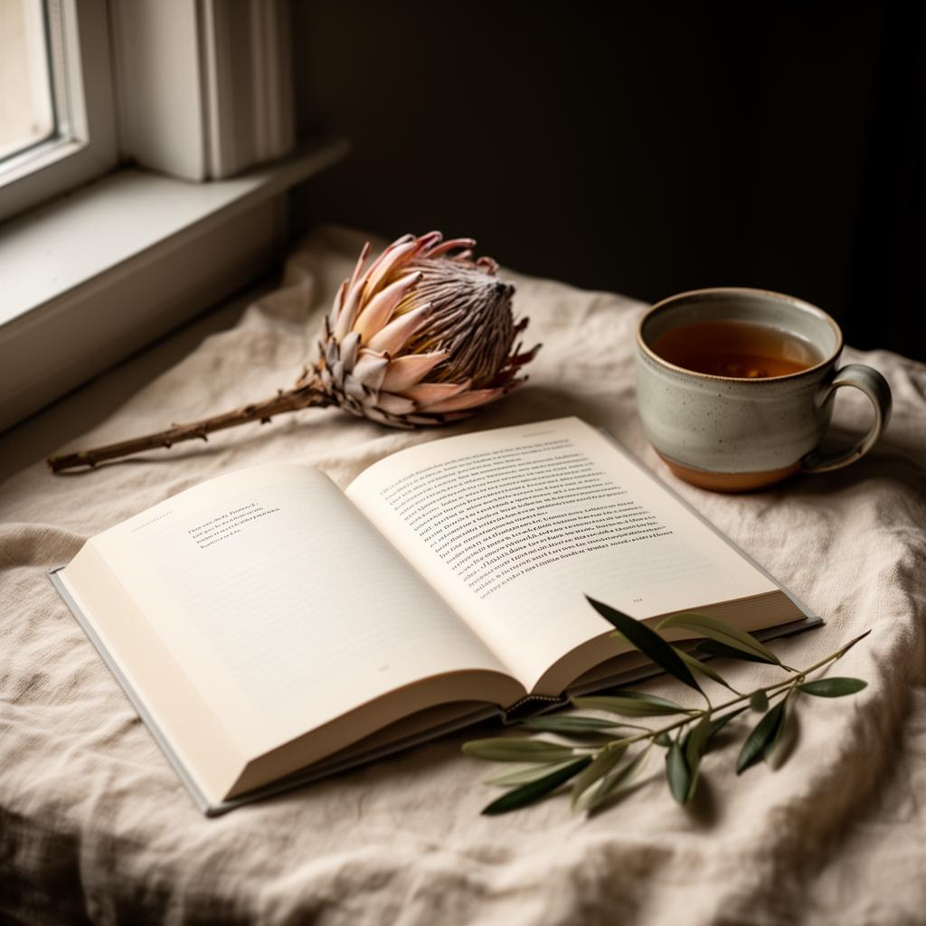 A modern open book on cream linen beside a dried protea, olive sprig, and ceramic cup of tea in soft window light